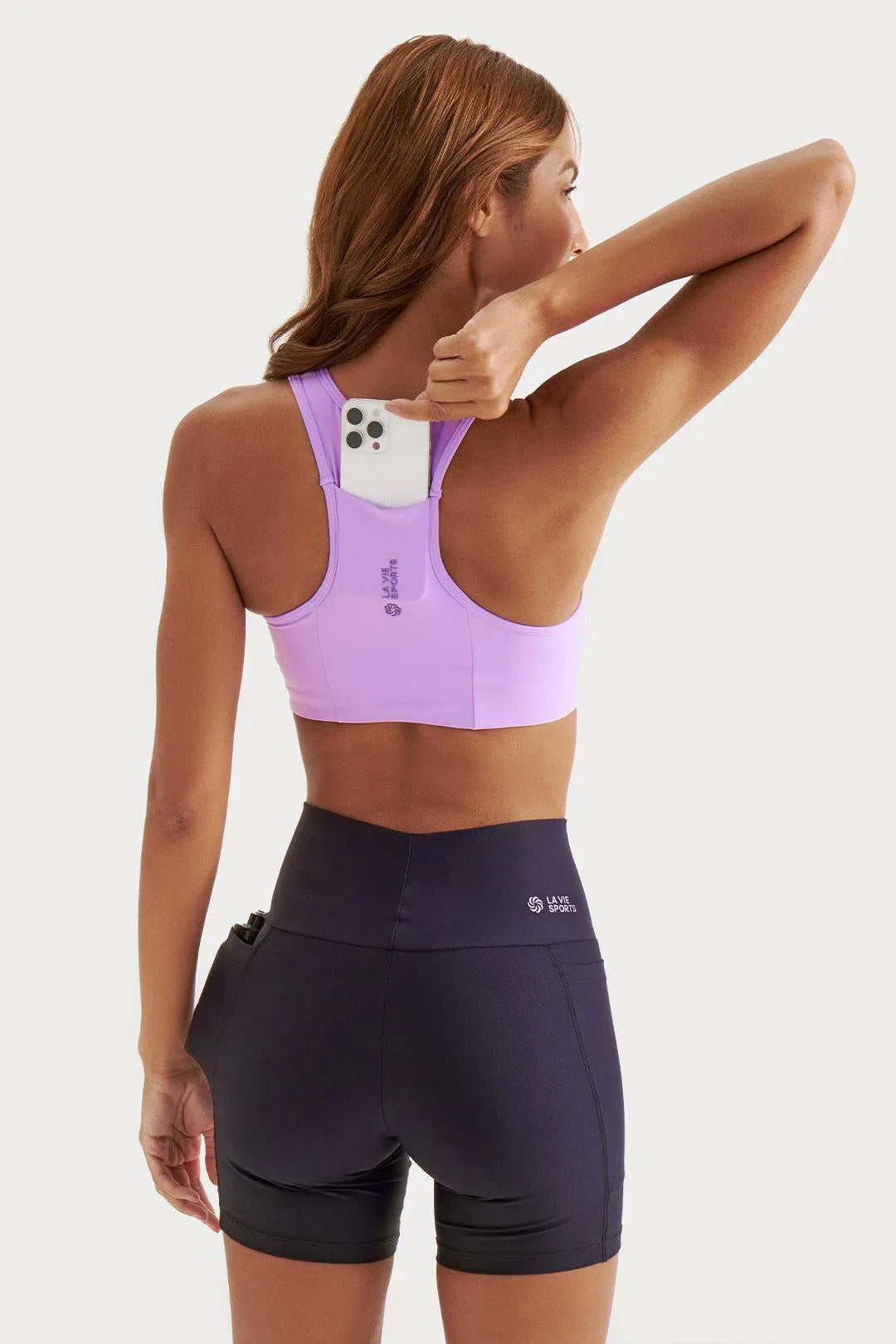 Short de Compressão com Bolsos Recortes Preto e Lavanda