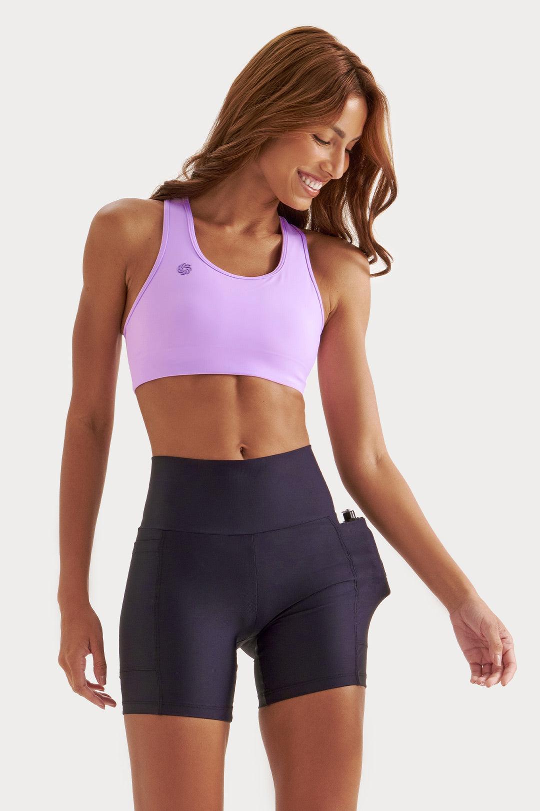 Short de Compressão com Bolsos Recortes Preto e Lavanda