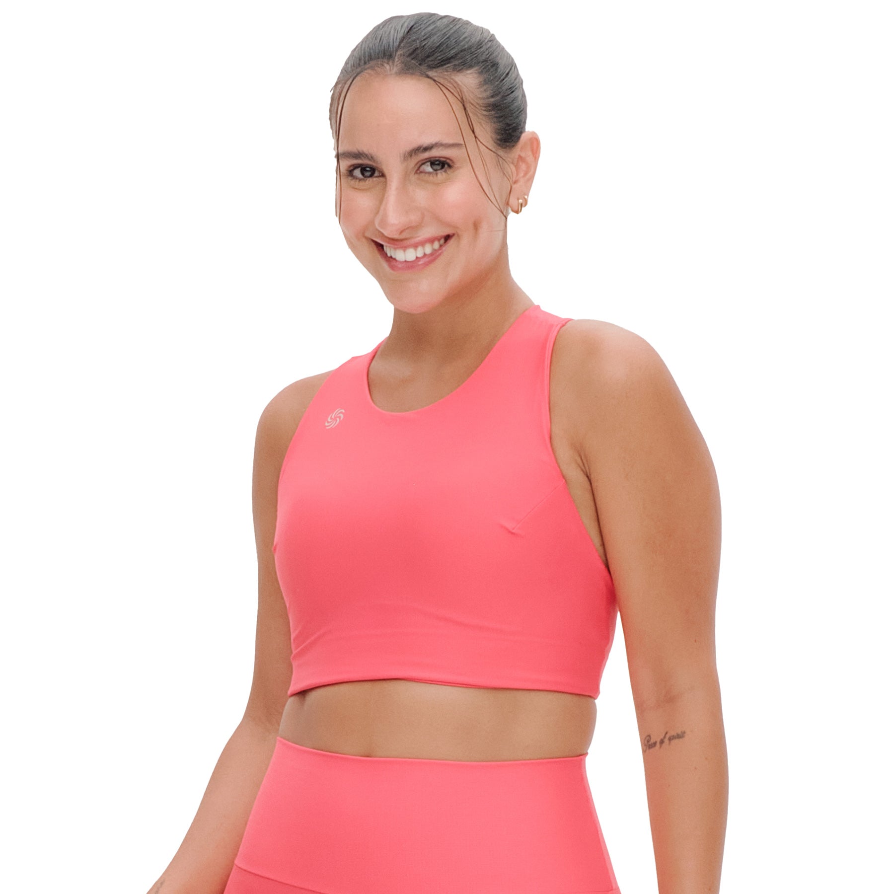 Top de Compressão com Bolso Cropped Bojo Fixo Goiaba