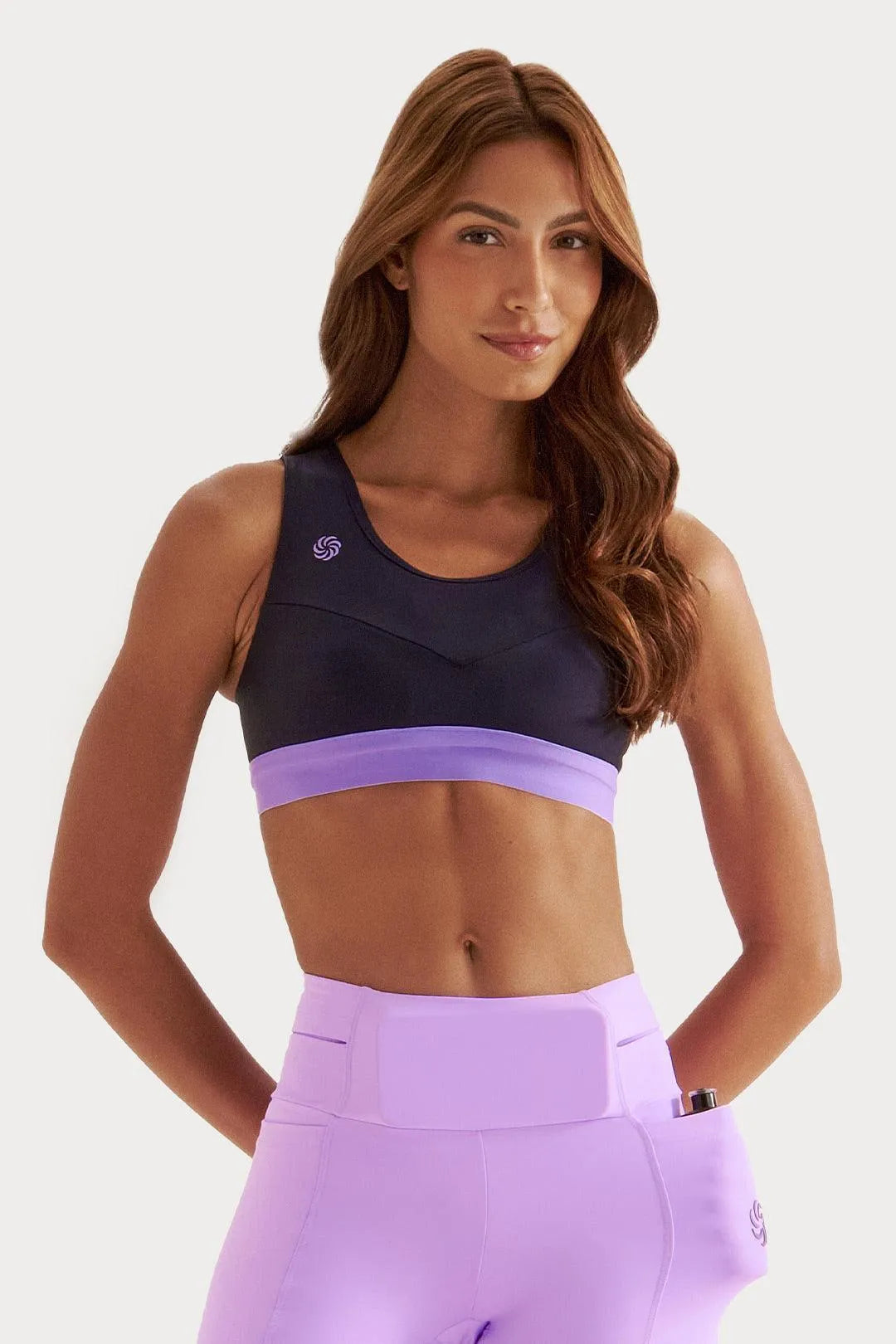 Top de Compressão com Bolso Recortes Preto e Lavanda