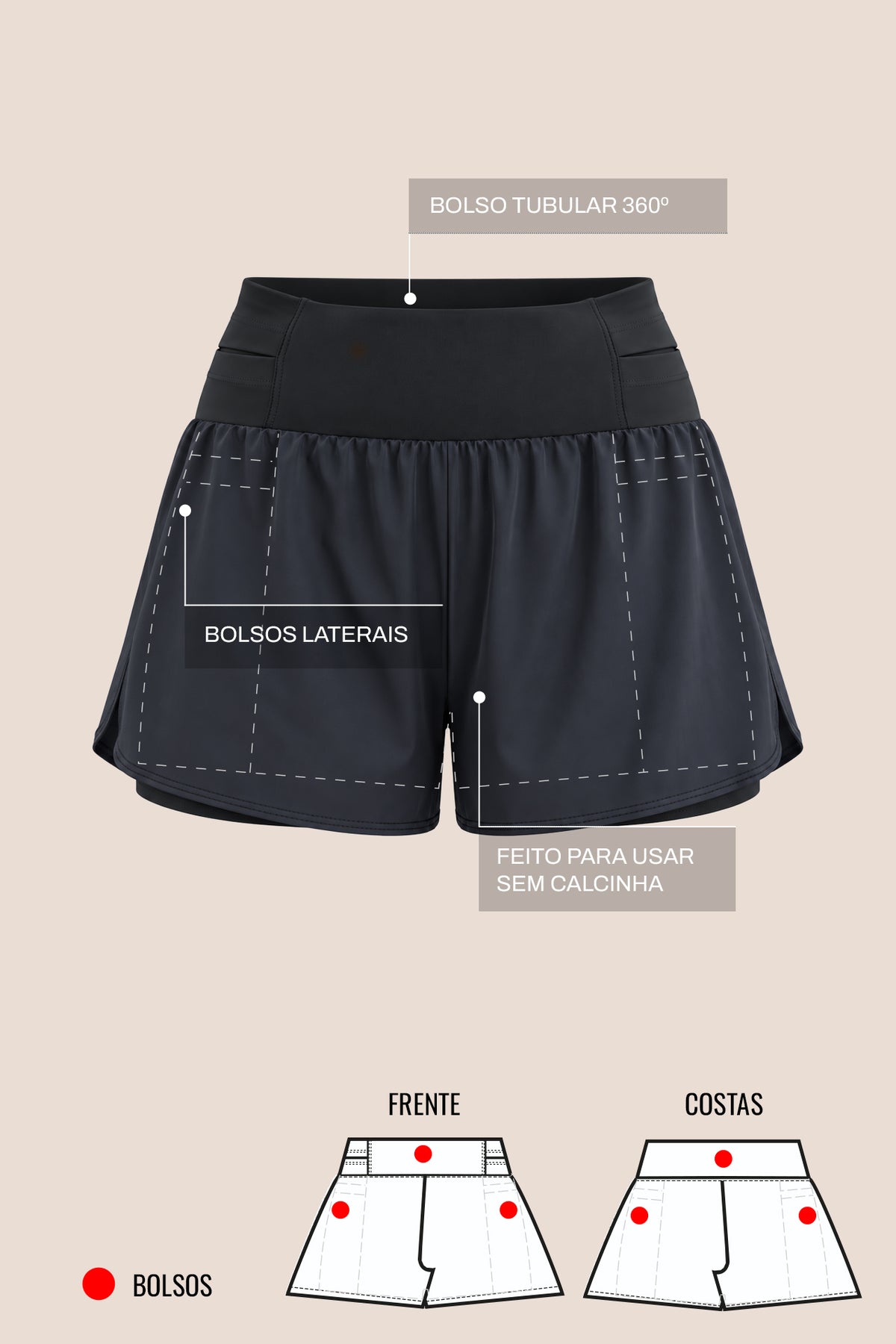 SHORT DE COMPRESSÃO COM MULTIBOLSOS LIVRE SOLTINHO FLUIDO CANELA