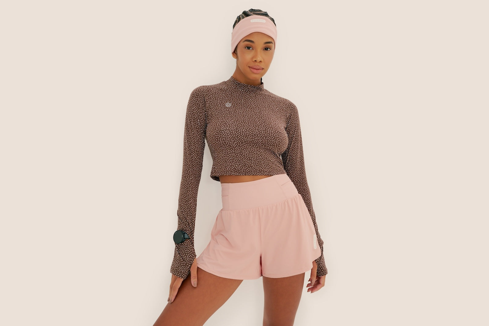 Camisa UV Manga Longa Cropped Abertura Café Poá