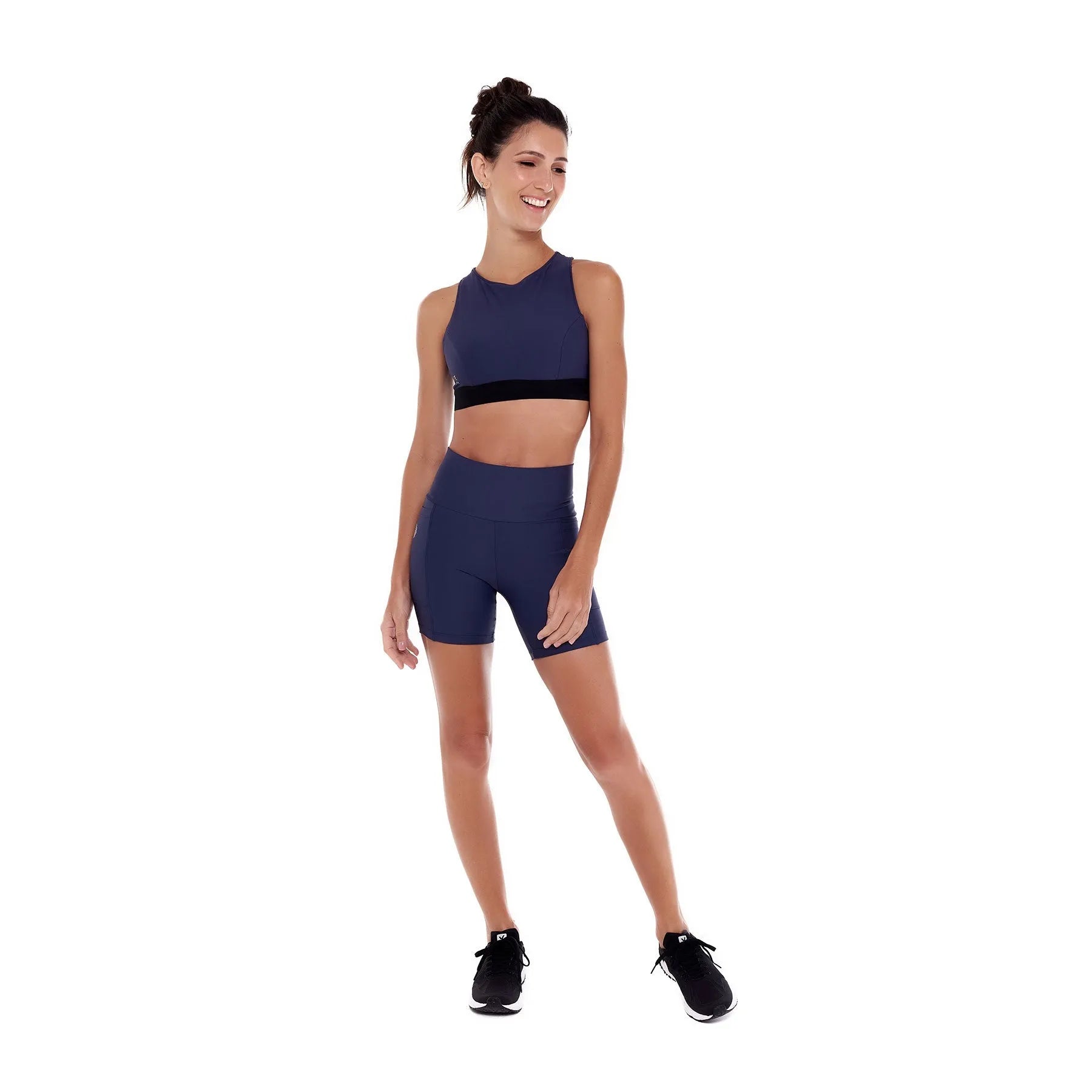 Short de Compressão com Bolsos Recortes Marinho