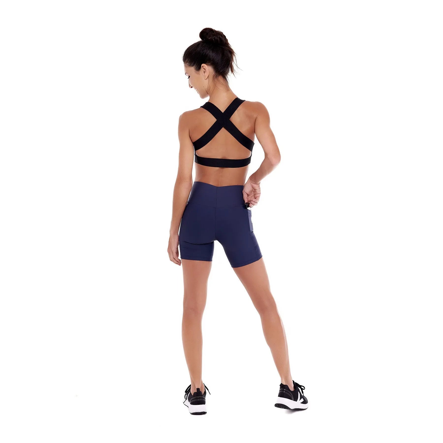 Short de Compressão com Bolsos Recortes Marinho